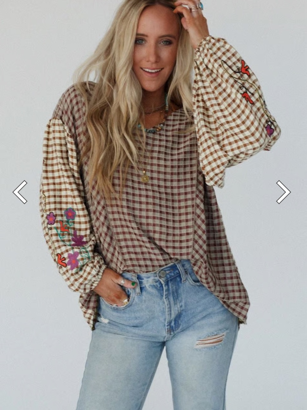 Three Birds Nest Homestead Plaid Floral Top - Mushroom